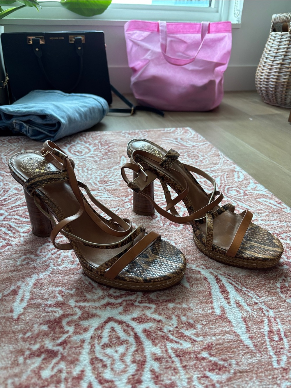 Vince Camuto Brown Snake-Print Leather Block Heel Sandals